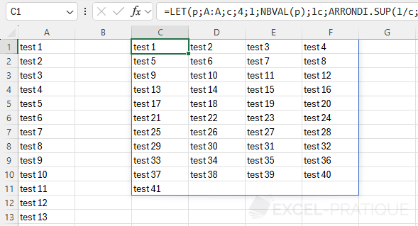 excel formule diviser colonne en 4 colonnes ligne par