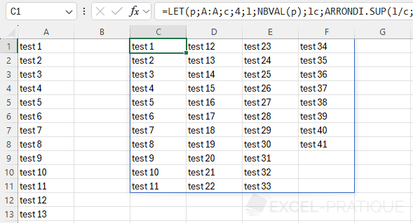 excel formule diviser colonne en 4 colonnes
