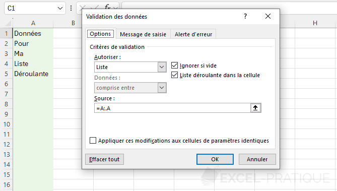 excel fonction suppr plage liste deroulante validation