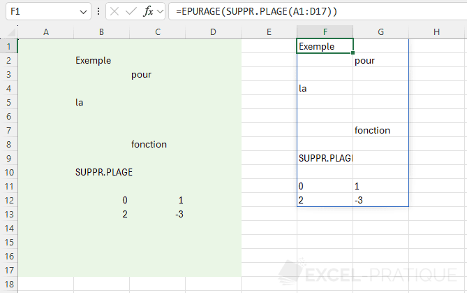 excel fonction suppr plage retrait zeros epurage