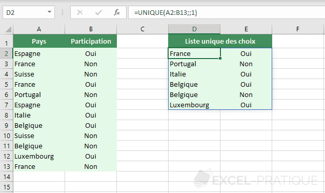 excel fonction rechercher valeurs uniques unique
