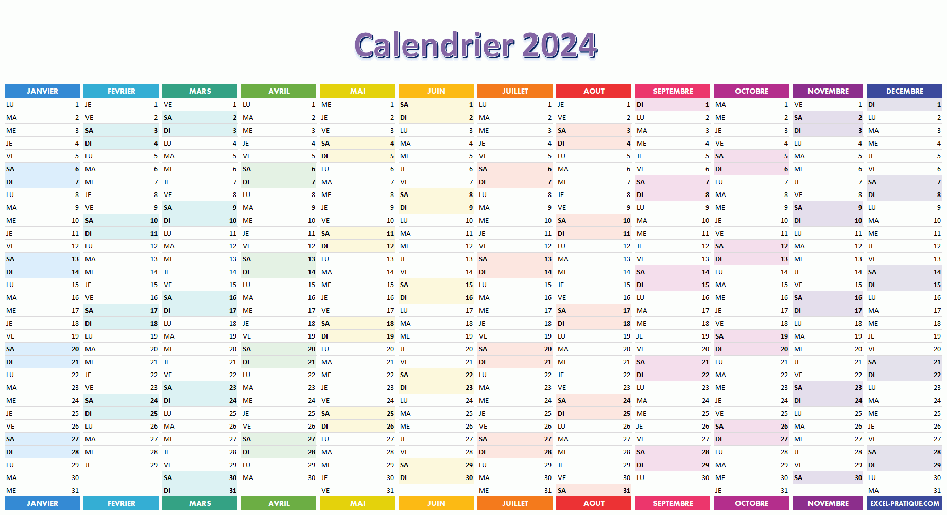 662 Calendrier Excel 2024 