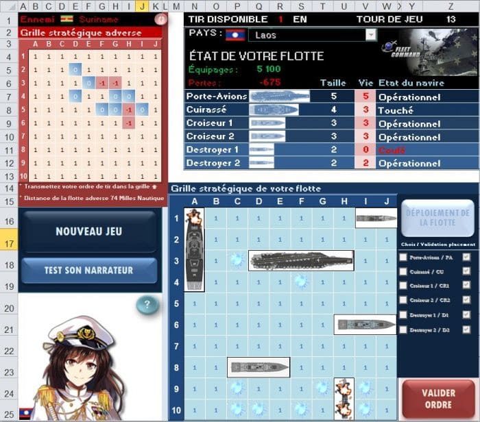 Touché/Coulé - Bataille navale dans Excel